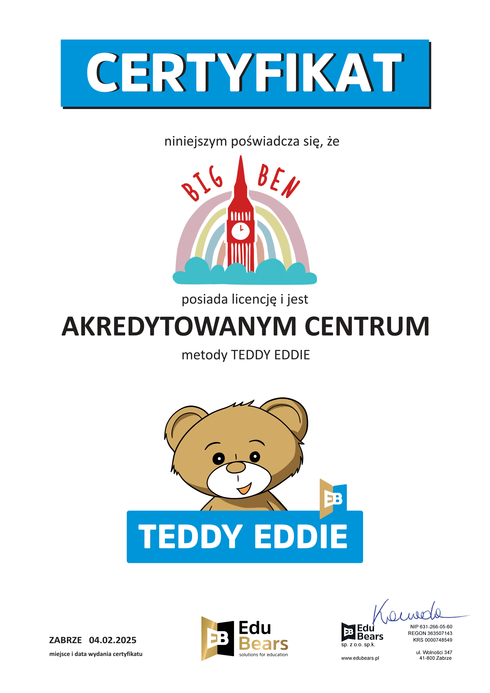 certyfikat do zakładki Teddy Eddie-1